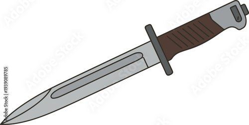 Military combat knife with a sharp steel blade and brown textured handle. Flat vector illustration with clean outlines and minimal colors, isolated on white background,