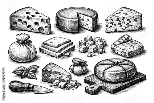 Set of Assorted Cheese Illustrations in Vintage Woodcut Engraving Style