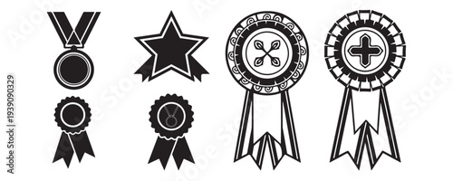 Collection of award ribbons and badges