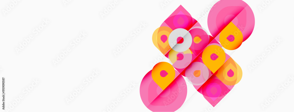 Naklejka premium Abstract geometric design. Overlapping circles, squares create dynamic composition. Pink, yellow, white hues dominate visual space.