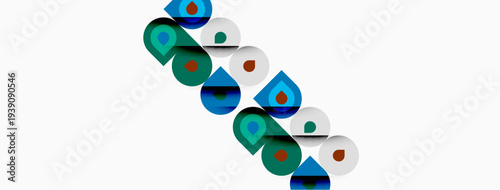 Abstract colorful shapes arranged diagonally. Circles, squares, triangles form repeating pattern. Minimalist design, white background dominates image.