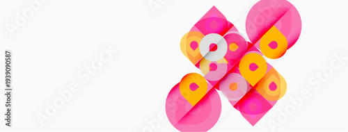 Abstract geometric design. Overlapping circles, squares create dynamic composition. Pink, yellow, white hues dominate visual space.