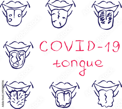 a human tongue affected by illness COVID-19: cracked surface, brown discolouration, signs of inflammation, visible tooth marks, and abnormal coating resembling hairy texture, bold grunge curved lines