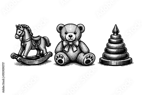 Vintage Engraving Style Children's Toys Set, Detailed Woodcut Retro Nursery Illustration