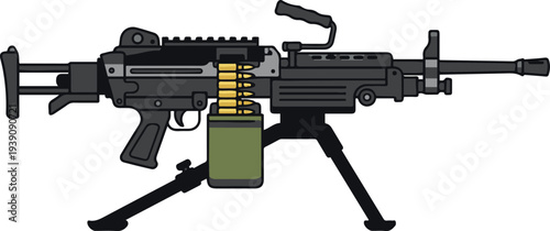 Vector illustration of a modern belt-fed light machine gun mounted on a bipod with ammunition box and visible ammo belt in flat cartoon style.