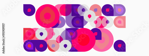 Abstract composition featuring overlapping circles, squares. Pink, purple hues dominate design, creating vibrant pattern. Modern aesthetic.