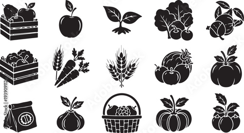 Fresh Fruits and Vegetables Icon Set in Black and White Style