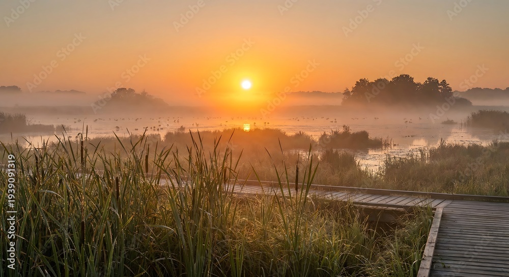 Fototapeta premium Sunrise Over Misty Wetland with Golden Light