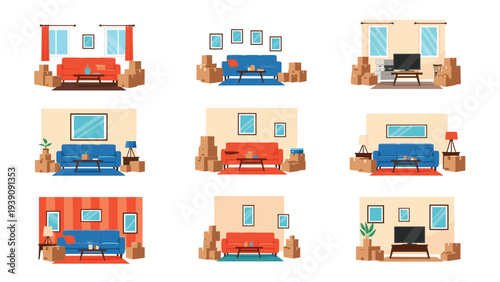 Set of living room interior scenes showing various stages of moving in or out with stacked cardboard boxes.