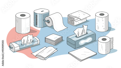 Collection of various paper products including toilet paper rolls, paper towels, and boxes of facial tissues in blue and white.