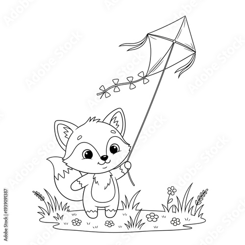 Cute cartoon fox holding a kite in a field of flowers
