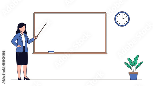 Female teacher in a blue blazer stands in a classroom next to a large blank whiteboard with a pointer stick.