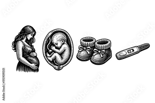 Vintage Engraving Style Pregnancy and Baby Care Icons, Detailed Woodcut Maternity and Newborn Illustration Set