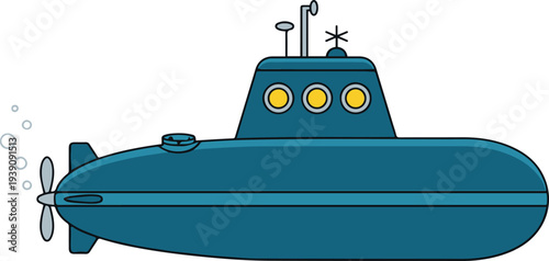 Blue cartoon-style submarine with periscope and propeller in side view, simple flat vector EPS illustration of an underwater naval vessel isolated on a light background.