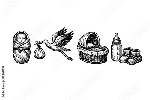 Vintage Engraving Style Pregnancy and Baby Care Icons, Detailed Woodcut Maternity and Newborn Illustration Set