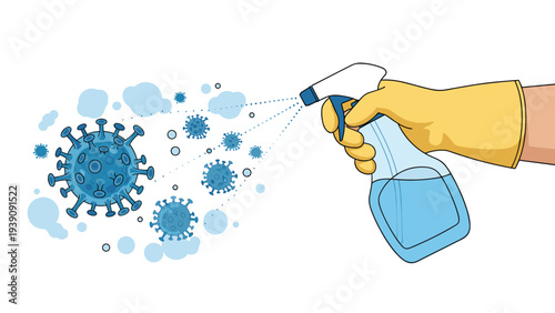 Hand in a yellow glove spraying disinfectant from a bottle onto blue virus molecules for sanitation and cleaning.