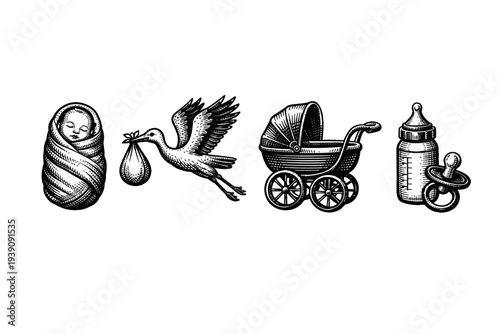 Vintage Engraving Style Pregnancy and Baby Care Icons, Detailed Woodcut Maternity and Newborn Illustration Set