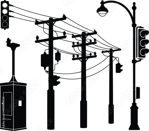 Urban utility poles and street lamps silhouette vector illustration.