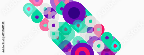 Abstract colorful circles, varying sizes, diagonal arrangement. Bright hues create dynamic visual pattern. Minimalist design, modern aesthetic.