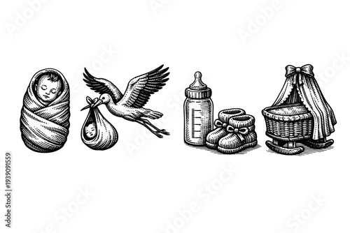 Vintage Engraving Style Pregnancy and Baby Care Icons, Detailed Woodcut Maternity and Newborn Illustration Set