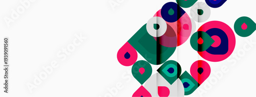 Abstract colorful circles overlap, creating dynamic composition. Pink, teal, navy hues dominate white background. Modern design elements present.