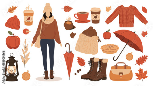 Detailed collection of autumn elements including a woman in cozy clothes, hot drinks, leaves, pies, and accessories.
