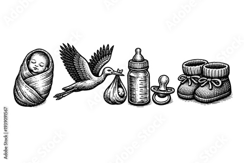 Vintage Engraving Style Pregnancy and Baby Care Icons, Detailed Woodcut Maternity and Newborn Illustration Set