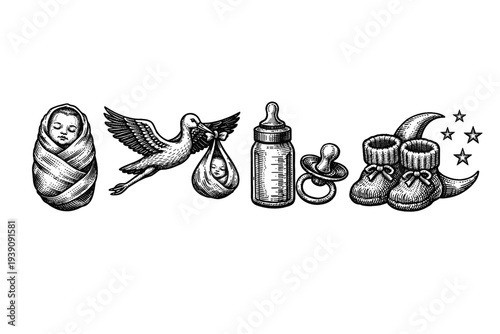 Vintage Engraving Style Pregnancy and Baby Care Icons, Detailed Woodcut Maternity and Newborn Illustration Set