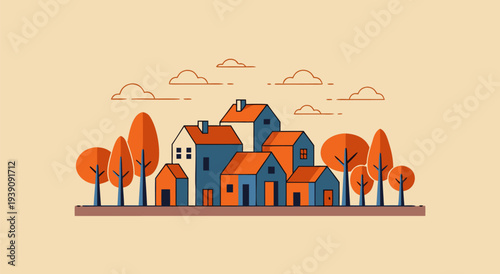 Charming vector illustration of a row of cozy houses and trees, warm colors, simple flat design