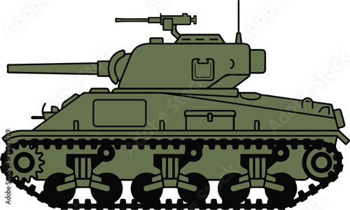 Flat vector illustration of a green military tank with turret and tracks in a simple cartoon style.