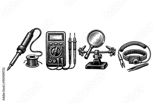 vintage engraving electronics repair tools soldering iron multimeter illustration woodcut style