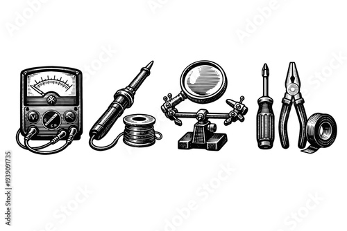 vintage engraving electronics repair tools soldering iron multimeter illustration woodcut style
