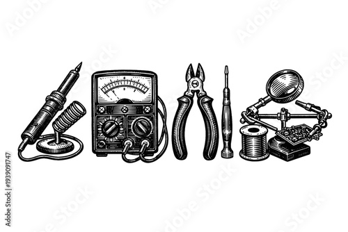 vintage engraving electronics repair tools soldering iron multimeter illustration woodcut style