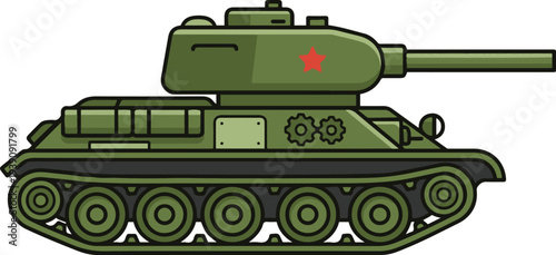Green Soviet-style military battle tank with red star symbol in side view, flat vector EPS illustration of an armored combat vehicle isolated on a light background,