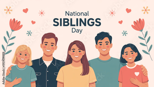 Diverse group of siblings celebrating national siblings day with flowers and hearts