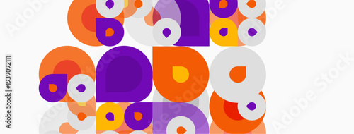 Abstract pattern features overlapping circles, squares. Orange, purple hues dominate white background. Modern design element.
