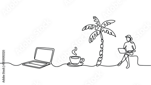 A minimalist line drawing depicts a person working remotely on a tropical beach