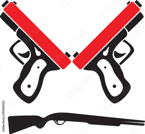 Crossed pistols and shotgun in striking red and black graphic