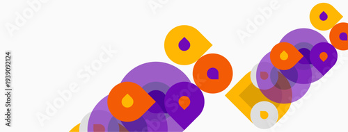 Abstract circles, purple, orange hues overlap. Minimalist design, clean background creates modern visual impact. Simple shapes, dynamic composition.