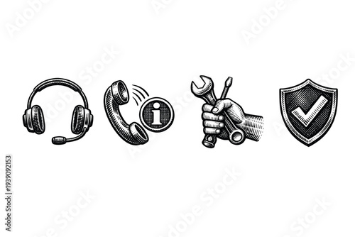Vintage engraving support communication icons set collection woodcut style illustration