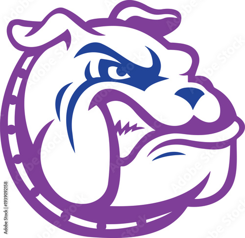 Fierce bulldog head in purple and blue graphic illustration
