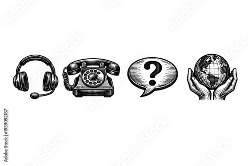 Vintage engraving support communication icons set collection woodcut style illustration