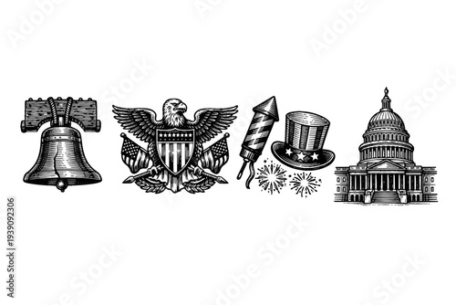 Vintage engraving liberty bell icon american independence symbol hand drawn patriotic illustration woodcut style isolated