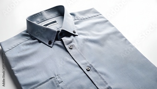 Folded light blue casual button-down shirt with short sleeves on clean white surface