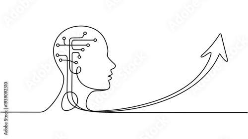 Abstract line art depicting a human head transitioning into an upward arrow
