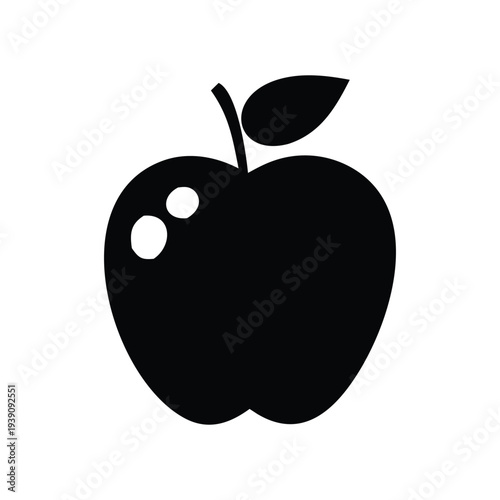 Simple black silhouette of an apple with a stem and two leaves on a white background, perfect for healthy eating and nutrition concepts