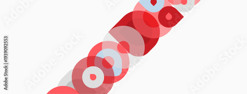 Abstract design features overlapping circles, red hues dominate, simple shapes create dynamic composition. Minimalist aesthetic.