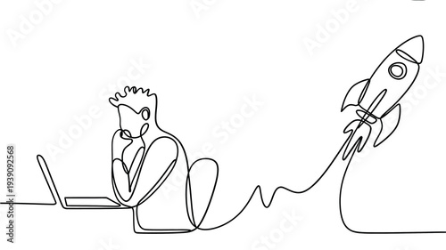 A continuous line drawing depicts a person working and a rocket launching