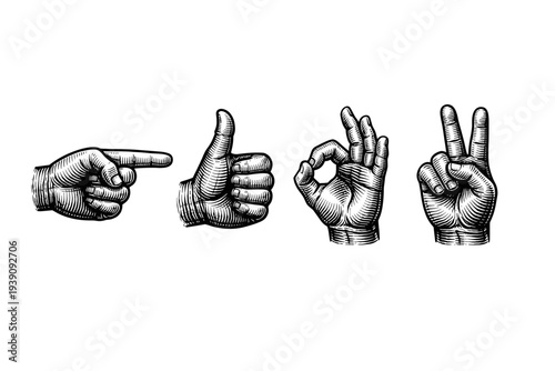 Hand Gestures and Signals Vector Illustration in Engraving Style