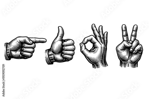 Hand Gestures and Signals Vector Illustration in Engraving Style